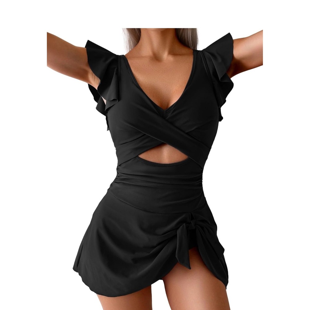 Aidonger Black Ribbed One Piece Swimsuit Swim Dress Ruffle Sleeve Cutout Medium